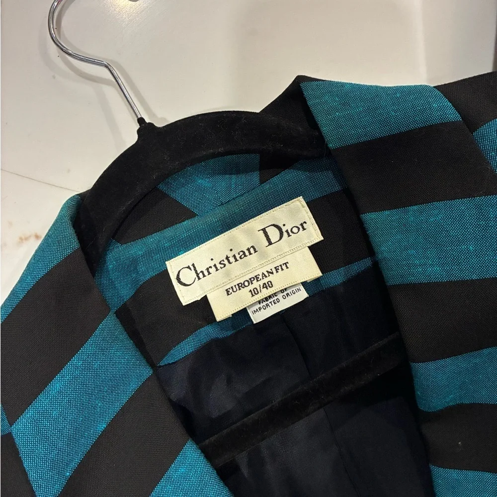 Christian Dior Women's Bold Teal and Black Striped Blazer vintage